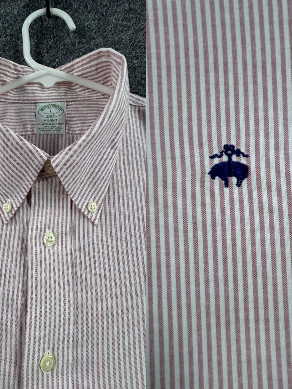 Brooks Brothers Oxford OCBD Button-Down Logo Large Pink White Milano Cotton Mens